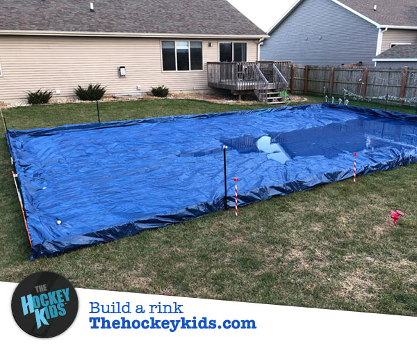 Backyard ice rink tarp flood and freeze, blue tarp